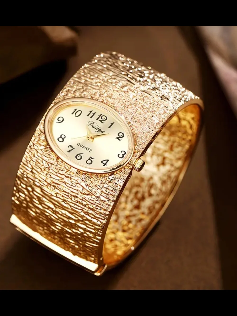 Duaga Gold Textured Cuff Watch Vintage Style Bangle Watch